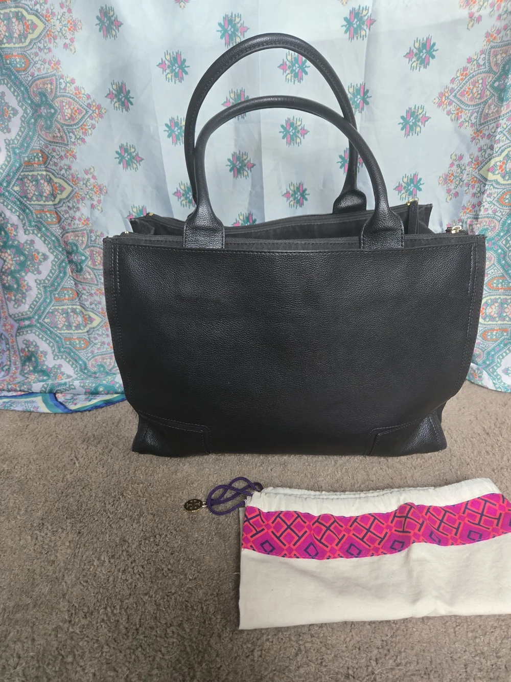 Tory Burch Black Pebbled Leather Tote Satchel Bag With Dust Bag